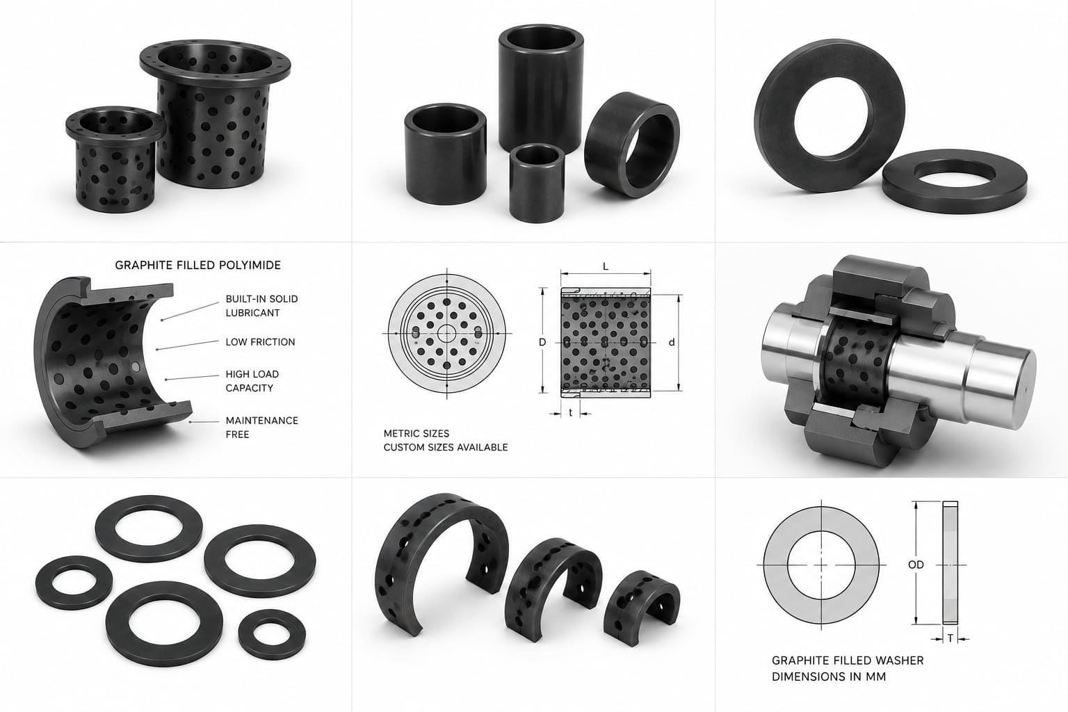 Dark specialty-filled polyimide bushings and wear components