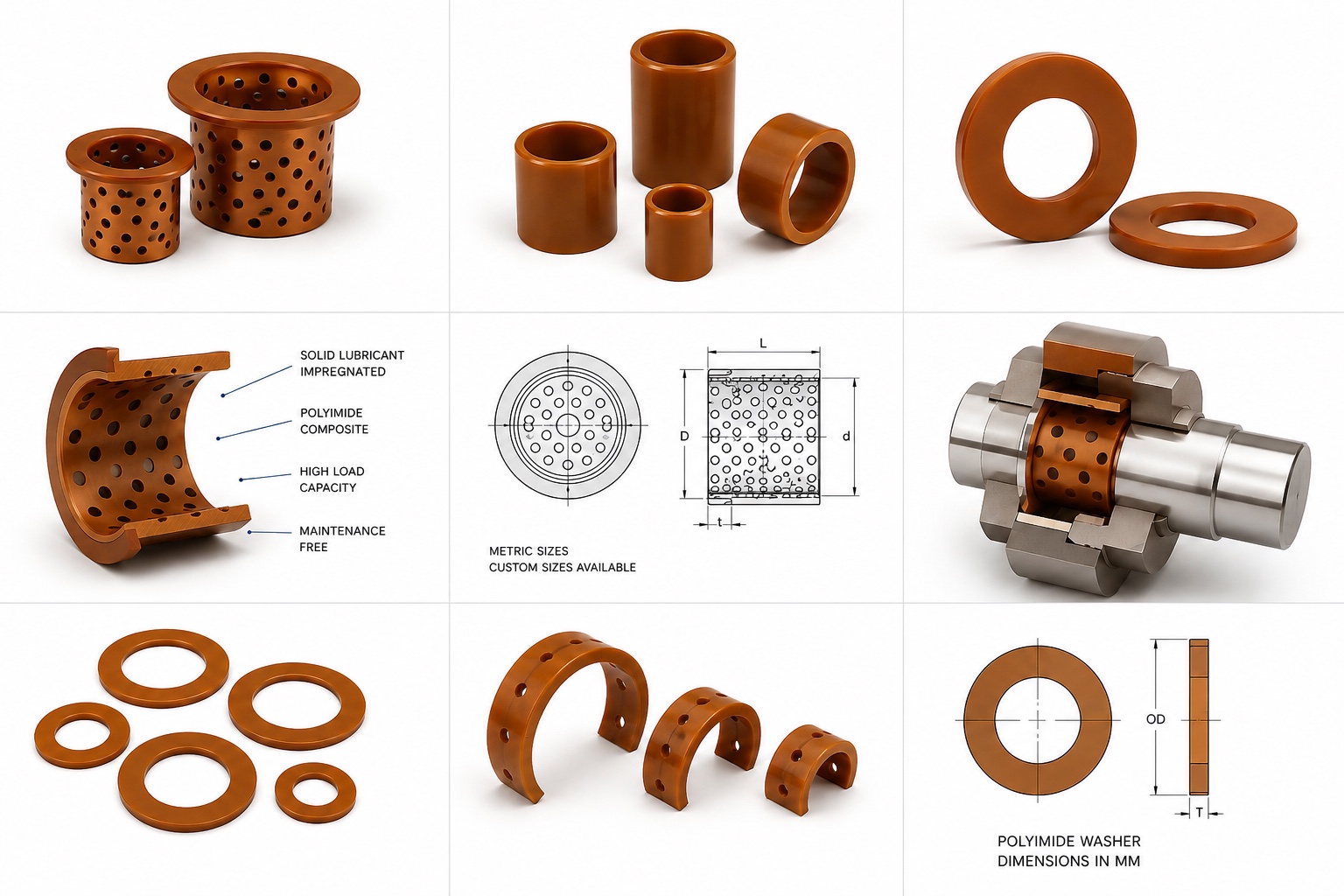 Amber unfilled polyimide washers and flanged bushings arranged on white